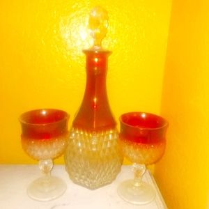 Rare Vintage USA INDIANA GLASS Crystal DIAMOND POINT RUBY Decanter & Goblets